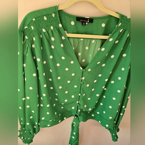 Broadway 38 Green Polka Dot Tie-Front Blouse xl - Picture 2 of 8